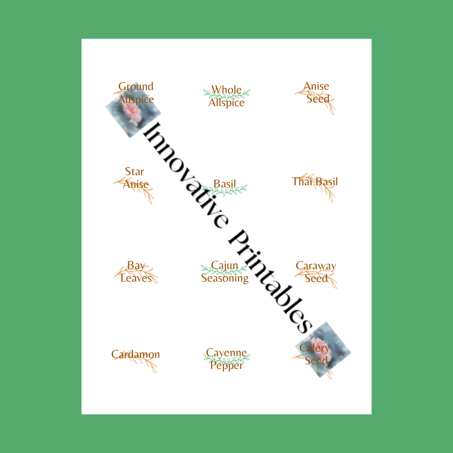 brown and green herb spice jar labels