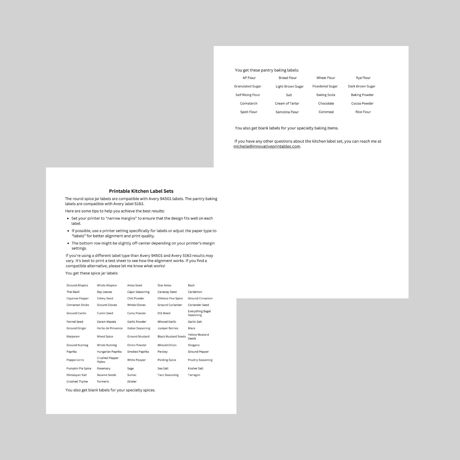kitchen label set printing information