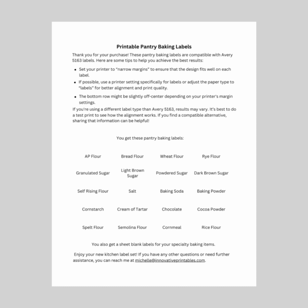 pantry baking labels info sheet