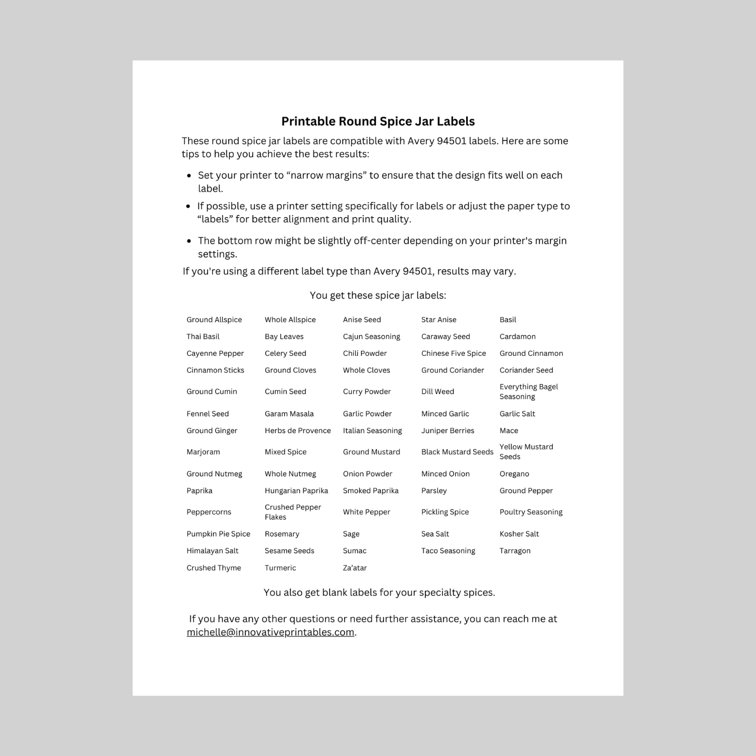 spice jar label info sheet